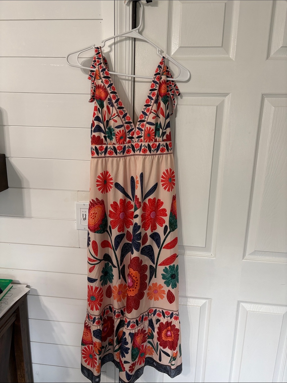 SHEIN Blush Maxi Dress with Red & Navy Floral Embroidery
